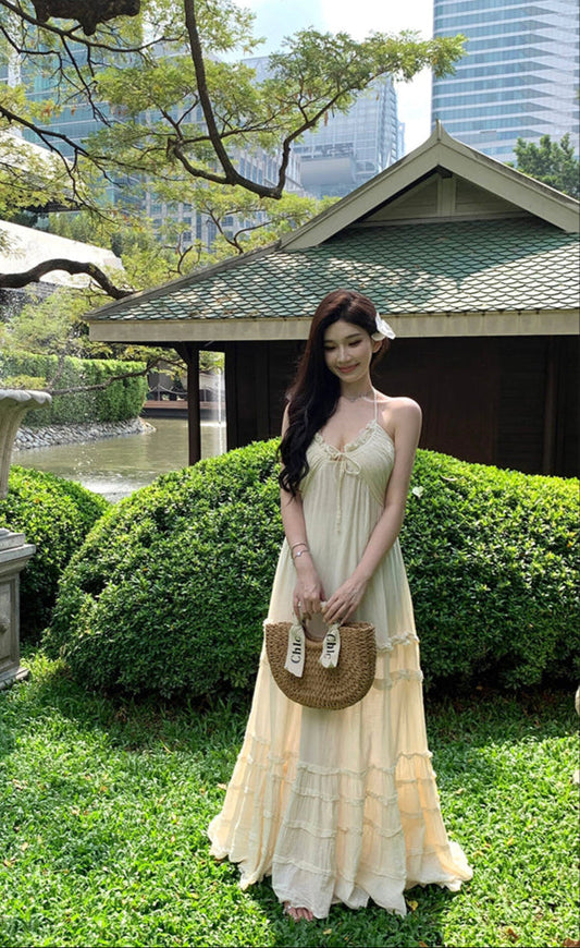 Backless Halter Layered Maxi Dress Romantic Beachwear