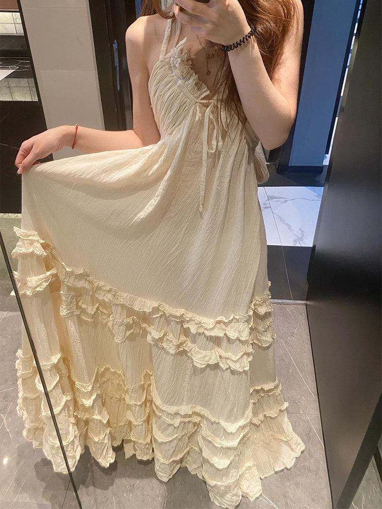 Backless Halter Layered Maxi Dress Romantic Beachwear