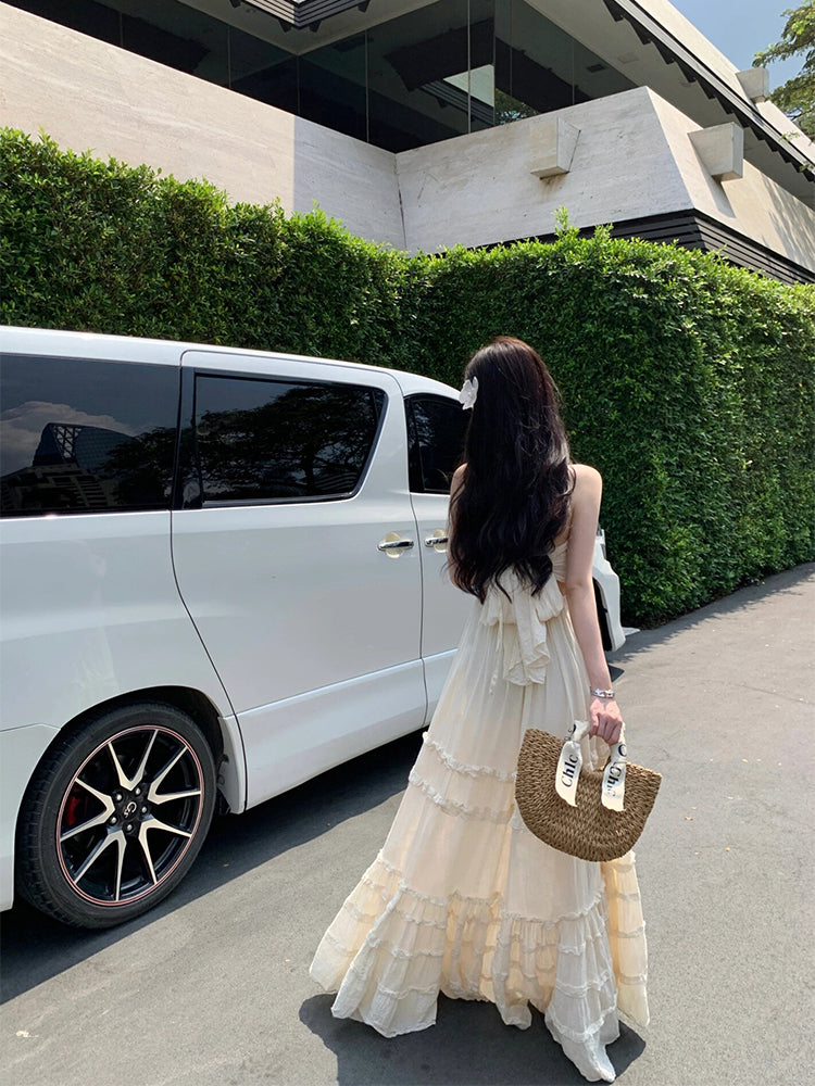 Backless Halter Layered Maxi Dress Romantic Beachwear