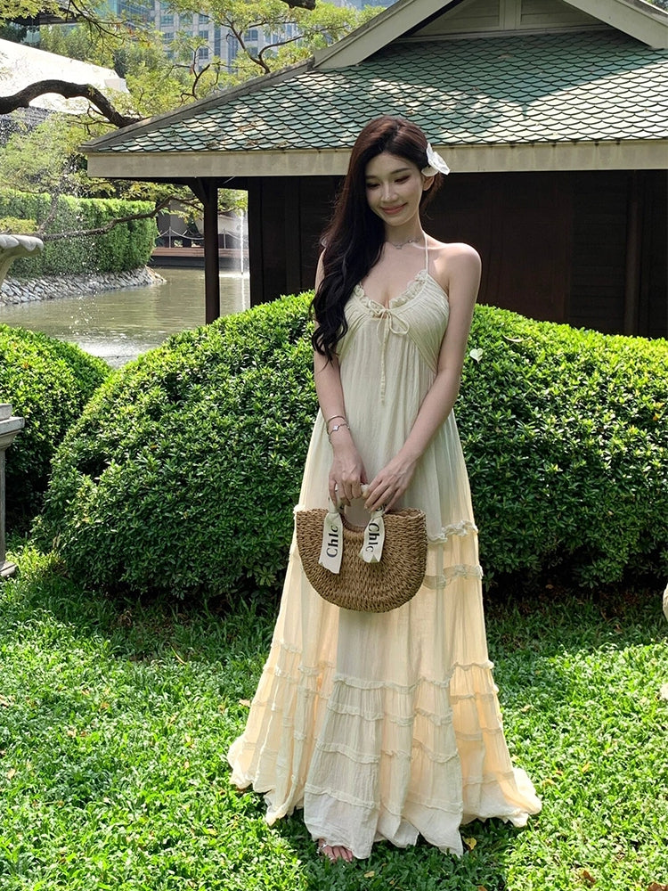 Backless Halter Layered Maxi Dress Romantic Beachwear