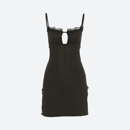 Lace Trim Spaghetti Strap Side Slit Backless Slip Mini Dress