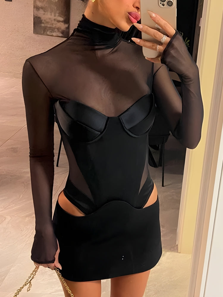 Mock Neck Mesh Sleeve Corset Satin Hip Cut Out Bodycon Mini Dress