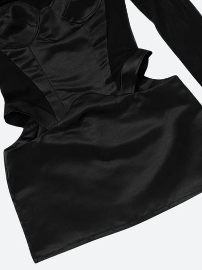 Mock Neck Mesh Sleeve Corset Satin Hip Cut Out Bodycon Mini Dress