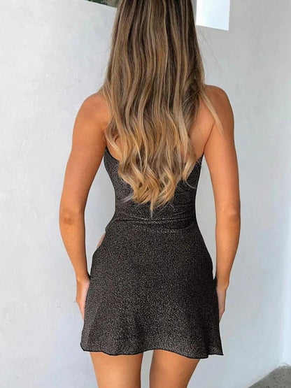 Halter Neck Shimmer Knit O-Ring Side Cutout High Slit Mini Dress