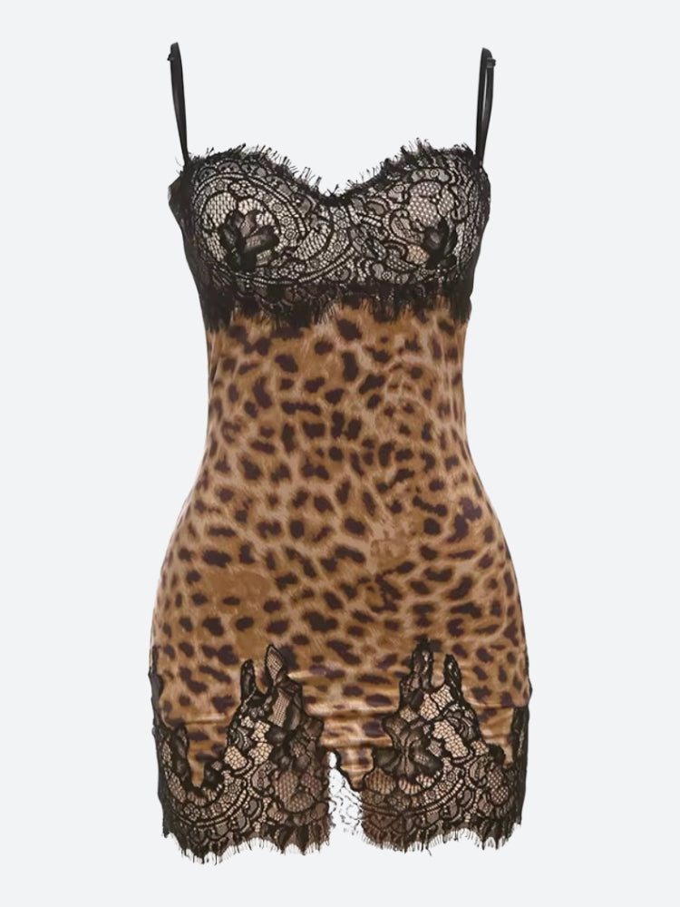 Print Lace Trim Spaghetti Strap Slip Mini Dress