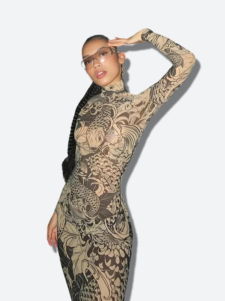 Koi Fish Illustration Mock Neck Long Sleeve Bodycon Maxi Dress