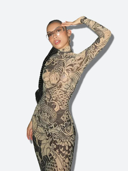 Koi Fish Illustration Mock Neck Long Sleeve Bodycon Maxi Dress