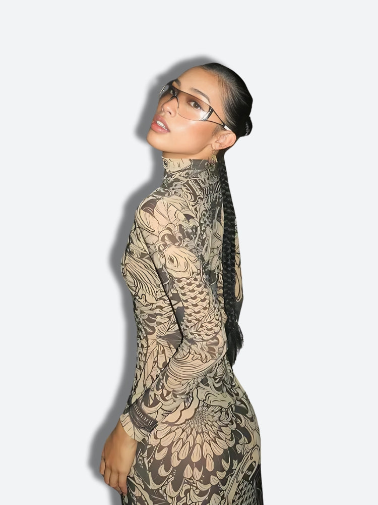 Koi Fish Illustration Mock Neck Long Sleeve Bodycon Maxi Dress