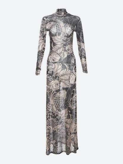 Koi Fish Illustration Mock Neck Long Sleeve Bodycon Maxi Dress