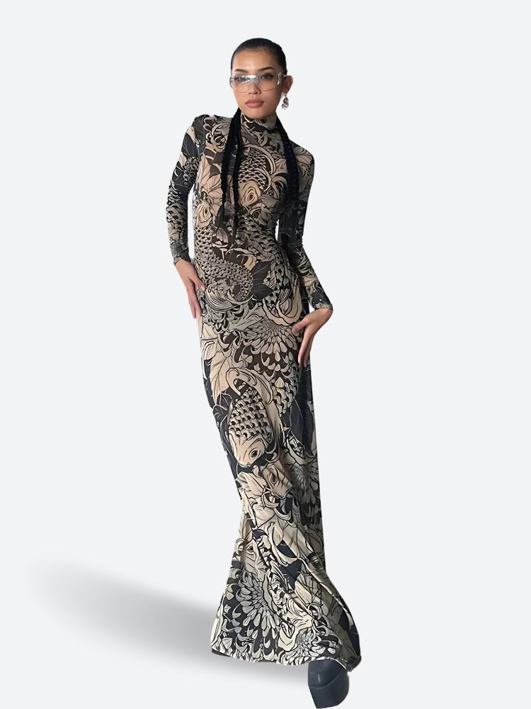 Koi Fish Illustration Mock Neck Long Sleeve Bodycon Maxi Dress