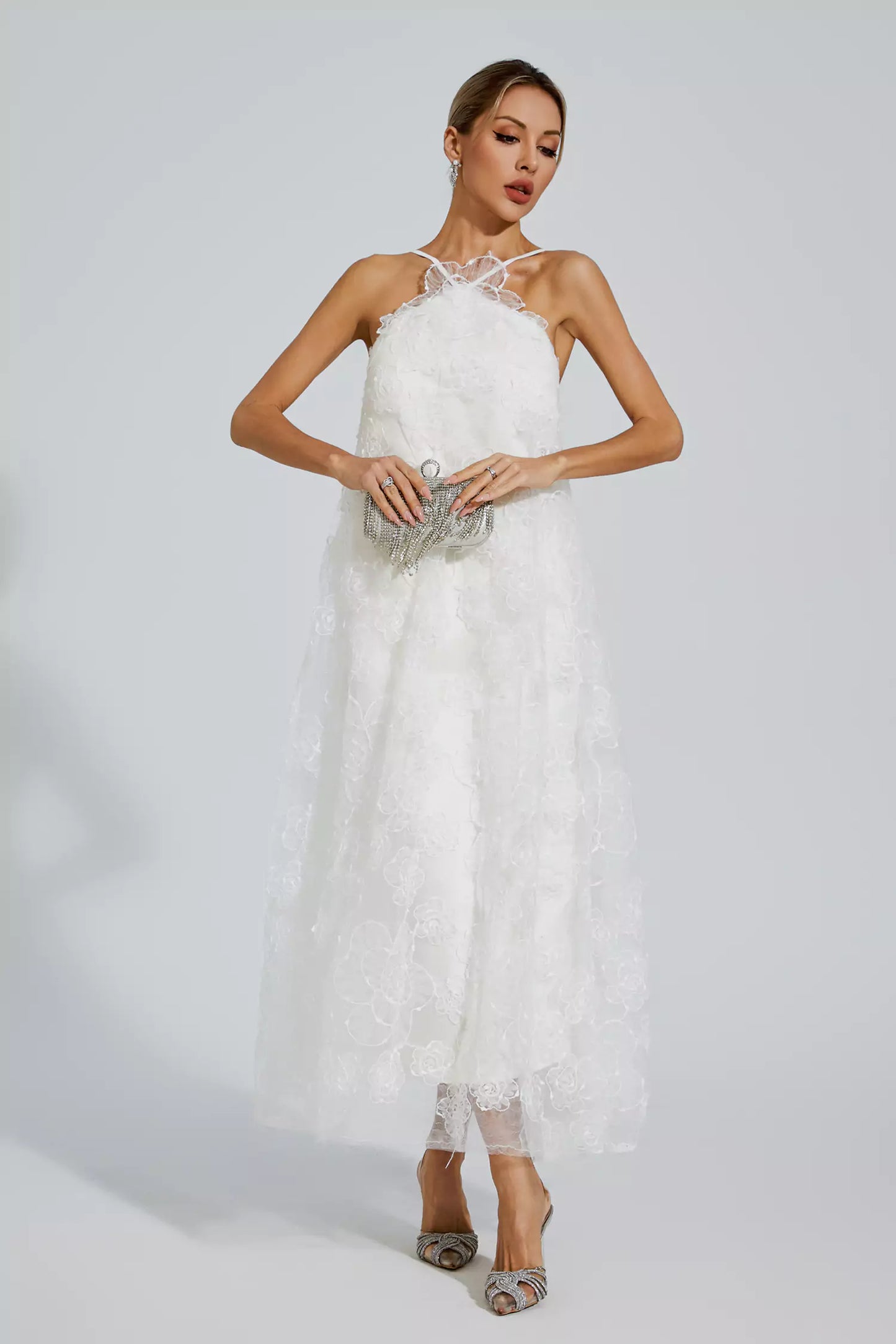 Barbara White Lace Flower Maxi Dress