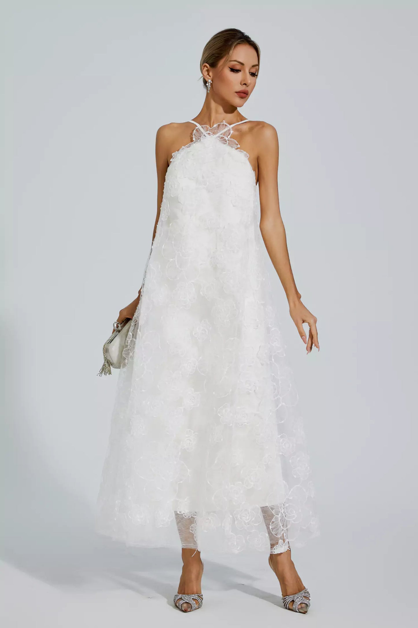 Barbara White Lace Flower Maxi Dress