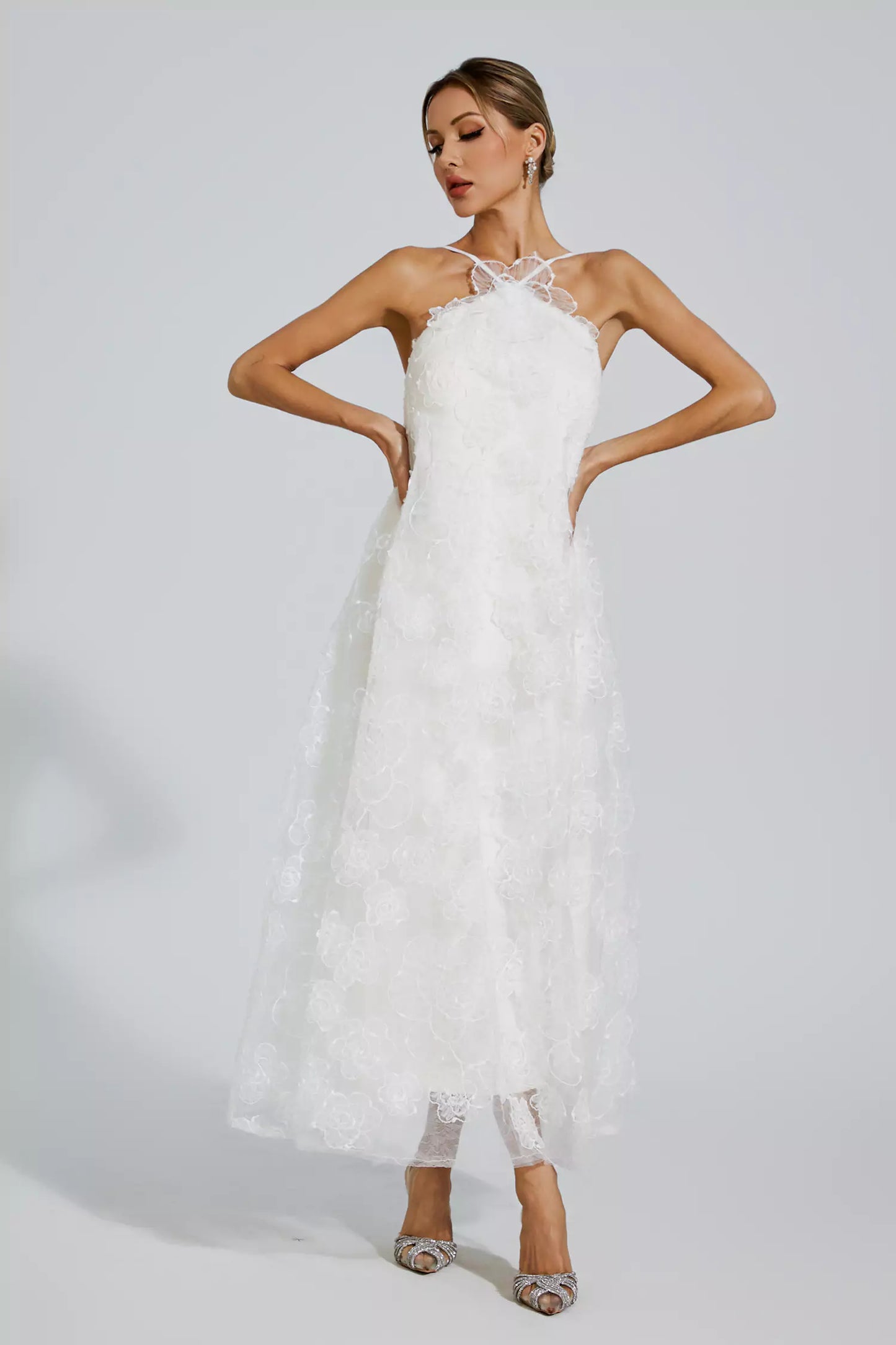 Barbara White Lace Flower Maxi Dress