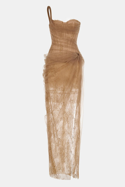 Inina Lace Corset One Shoulder Midi Dress - Brown