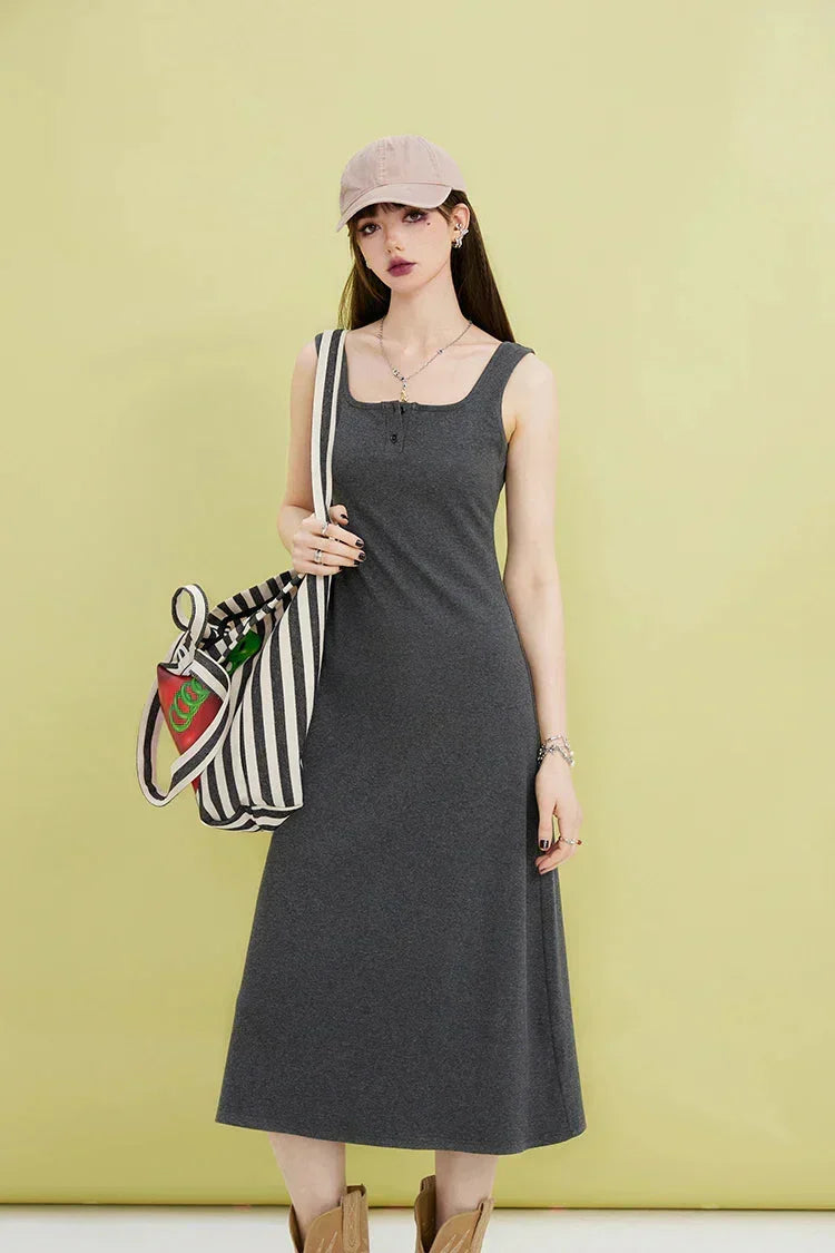 Square Neck Ribbed Knit Button Front Sleeveless Midi Dress