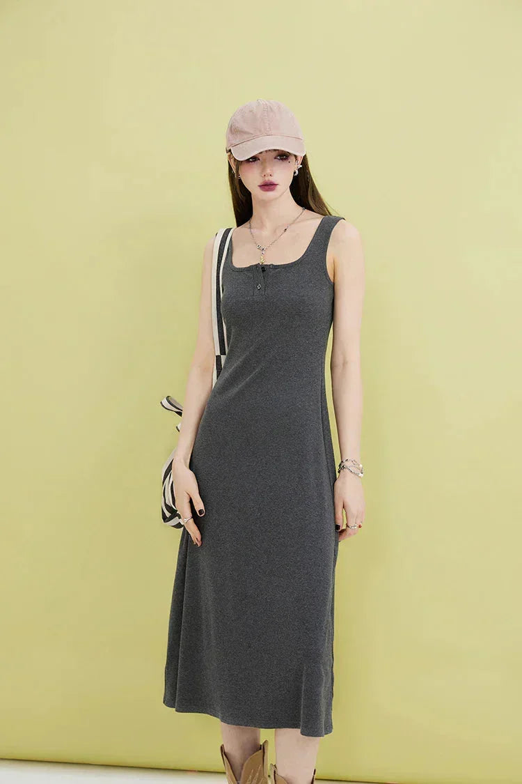 Square Neck Ribbed Knit Button Front Sleeveless Midi Dress