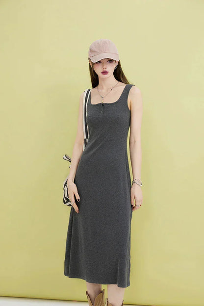 Square Neck Ribbed Knit Button Front Sleeveless Midi Dress