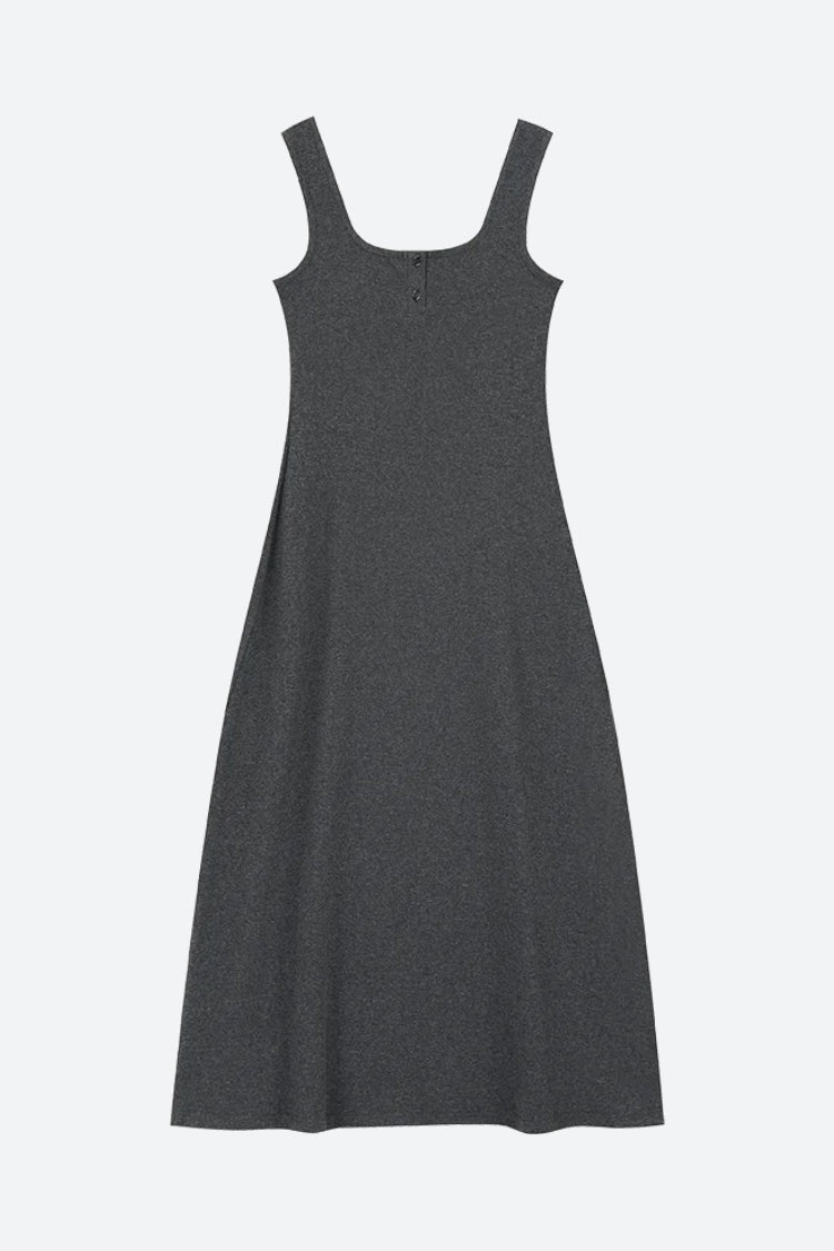 Square Neck Ribbed Knit Button Front Sleeveless Midi Dress