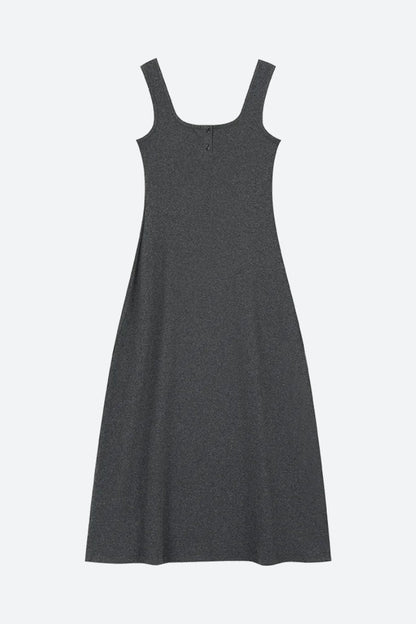 Square Neck Ribbed Knit Button Front Sleeveless Midi Dress