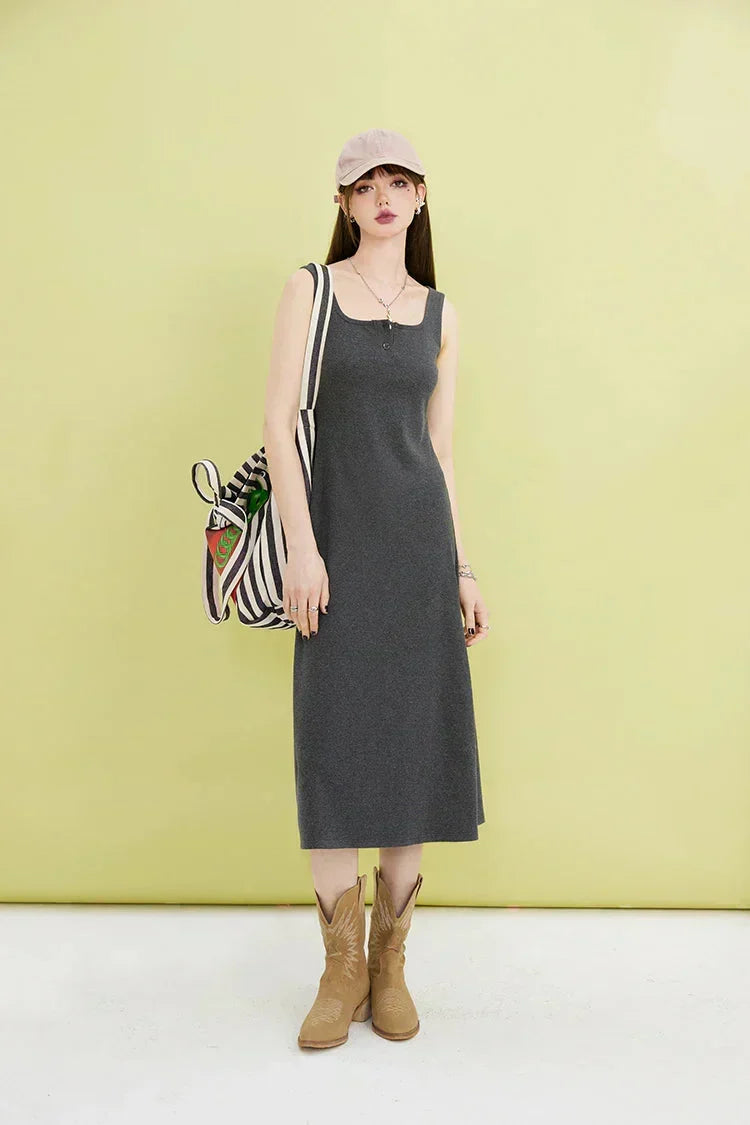 Square Neck Ribbed Knit Button Front Sleeveless Midi Dress