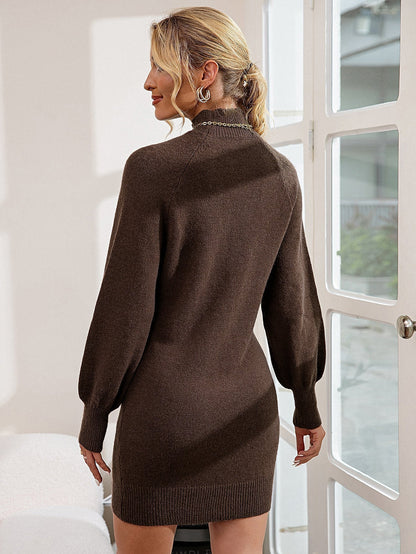 Mock Neck Lantern Sleeve Ribbed Knit Mini Sweater Dress