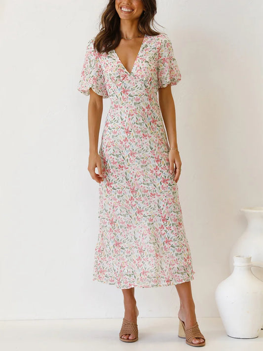 Vintage V-neck Backless Floral Dress