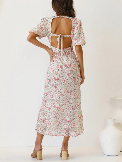 Vintage V-neck Backless Floral Dress