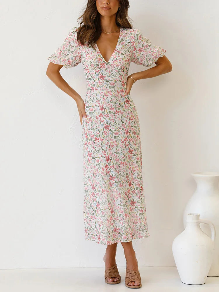 Vintage V-neck Backless Floral Dress