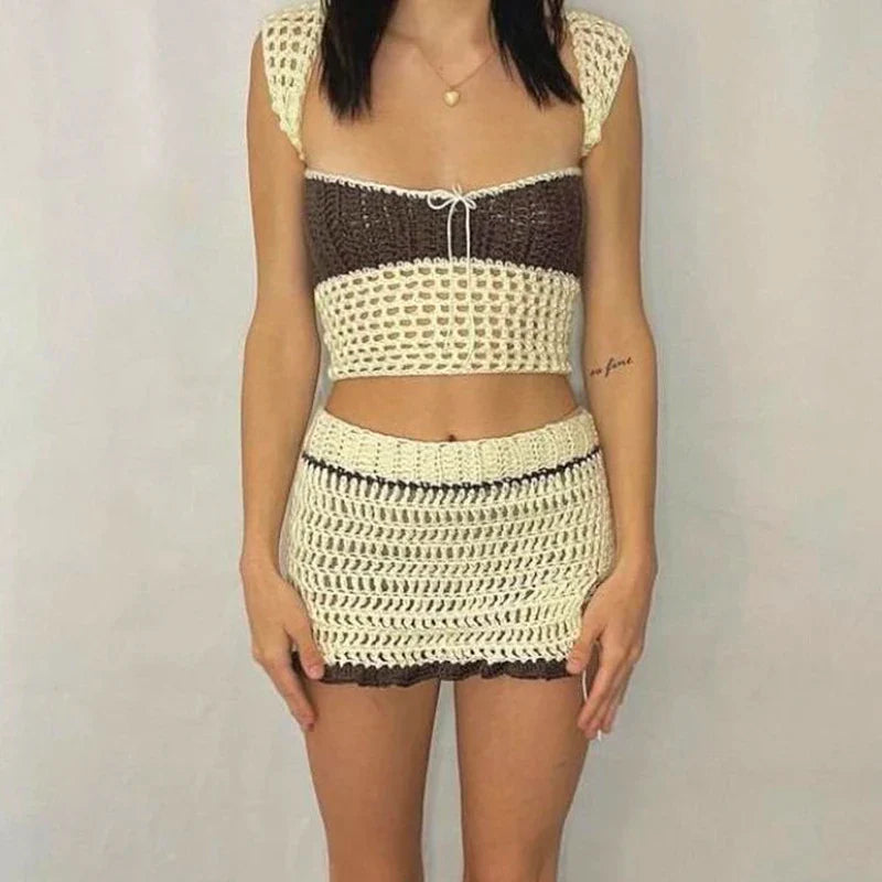 Beach Holiday 2 Piece Sets Crochet Hollow Out Crop Tops Backless Tie Up Knitted Tank Tops + Mini Pencil Skirt Y2K Vintage Outfit