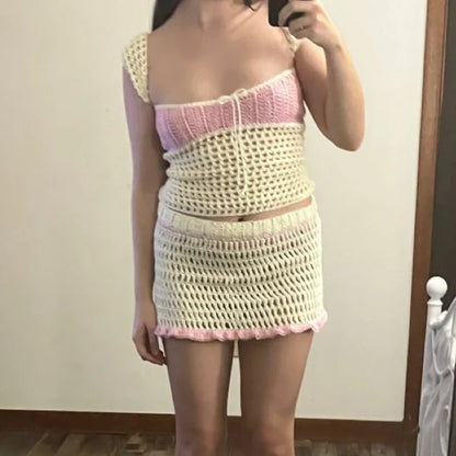 Beach Holiday 2 Piece Sets Crochet Hollow Out Crop Tops Backless Tie Up Knitted Tank Tops + Mini Pencil Skirt Y2K Vintage Outfit