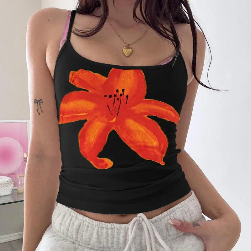 Boho Floral Spaghetti Strap Backless Vintage Low Cut Beach Style Crop Top
