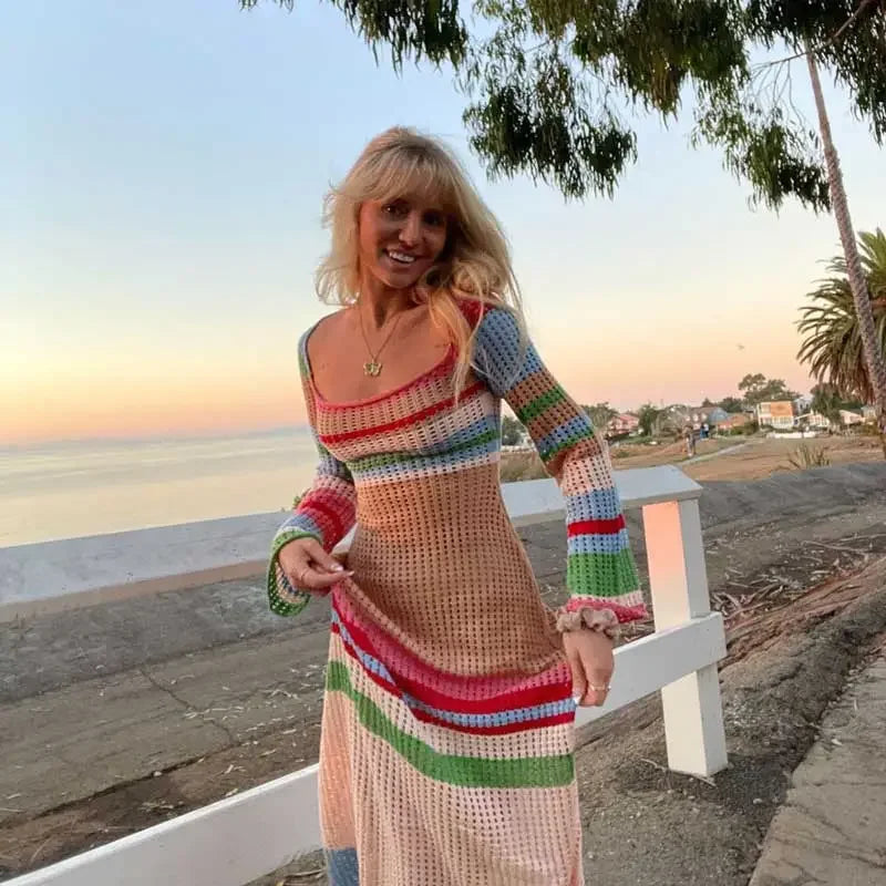 Off Shoulder Crochet Maxi Dress Vintage Patchwork Long Sleeve Women