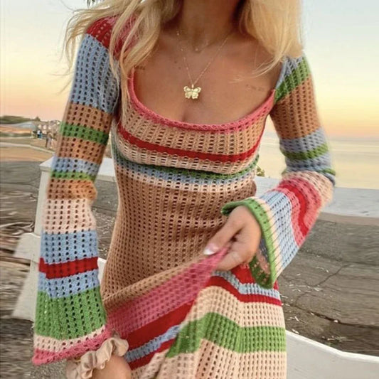 Off Shoulder Crochet Maxi Dress Vintage Patchwork Long Sleeve Women
