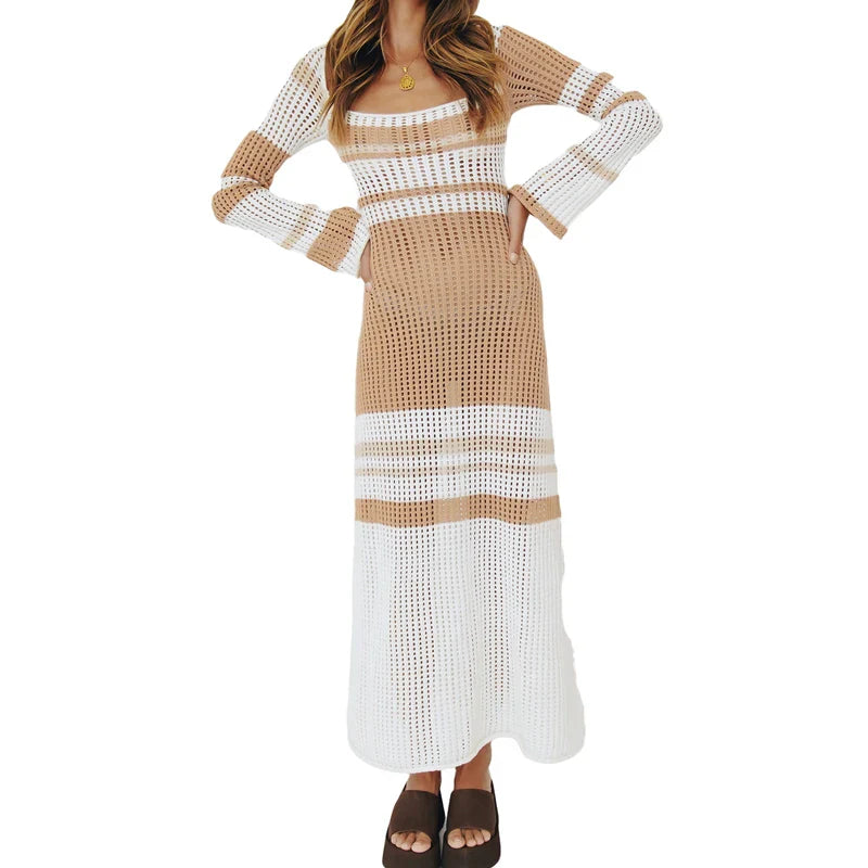 Off Shoulder Crochet Maxi Dress Vintage Patchwork Long Sleeve Women