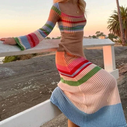 Off Shoulder Crochet Maxi Dress Vintage Patchwork Long Sleeve Women