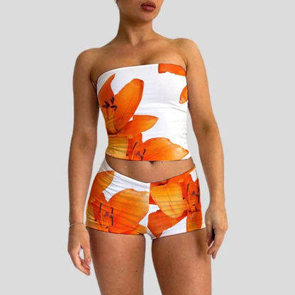 Beach Vacation Lounge Oufits 2 Pice Set Flower Print Strapless Crop Tube Tops Bandeau + Skinny Mini Skirt Wrap Bodycon Women