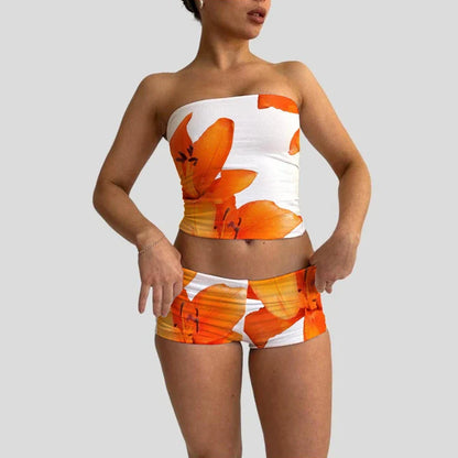 Beach Vacation Lounge Oufits 2 Pice Set Flower Print Strapless Crop Tube Tops Bandeau + Skinny Mini Skirt Wrap Bodycon Women