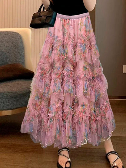 Beading Elegant Asymmetrical Mesh Tulle Skirt