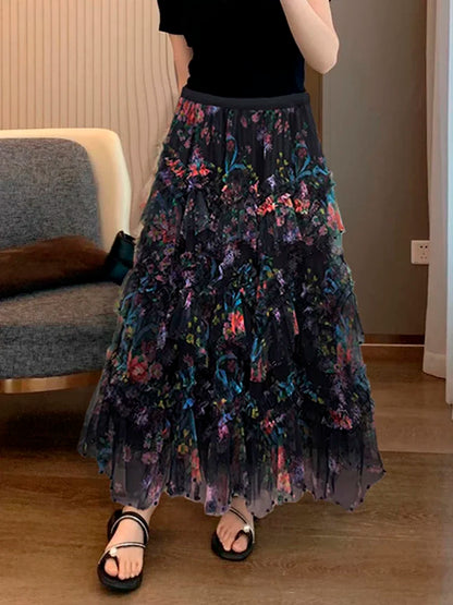 Beading Elegant Asymmetrical Mesh Tulle Skirt