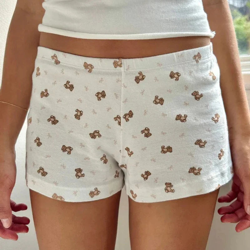 Bear Print Retro Slim Fit Camis Low Rise Shorts Two Pieces Set