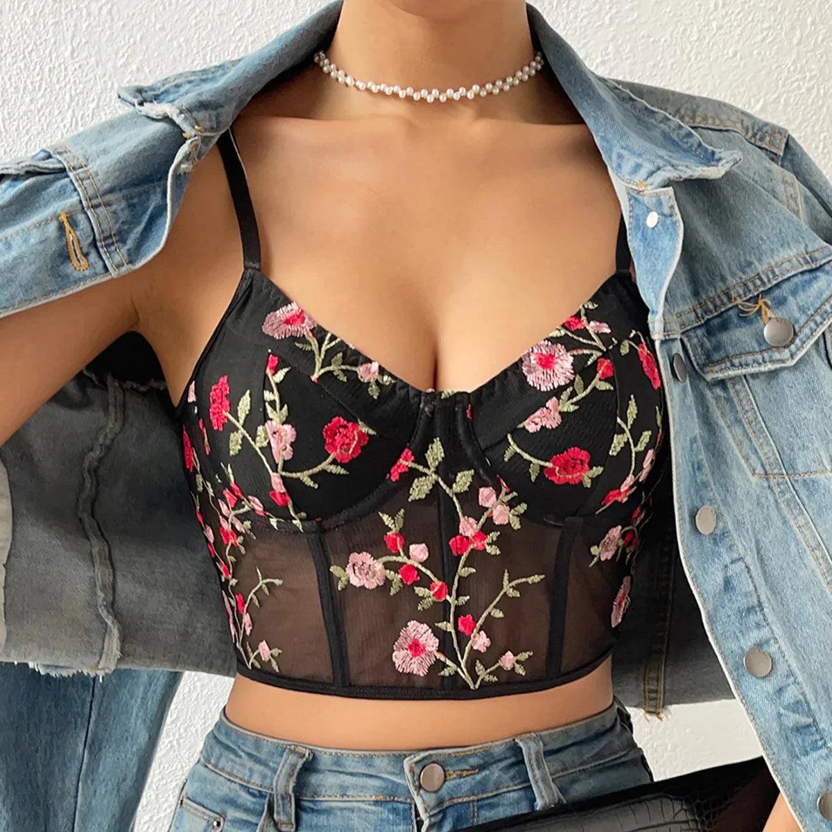 Floral Bustier Crop Top with Buckle Halter Tank