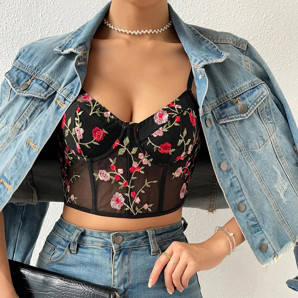 Floral Bustier Crop Top with Buckle Halter Tank