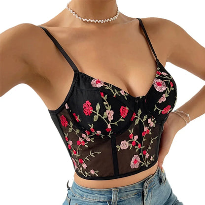 Floral Bustier Crop Top with Buckle Halter Tank