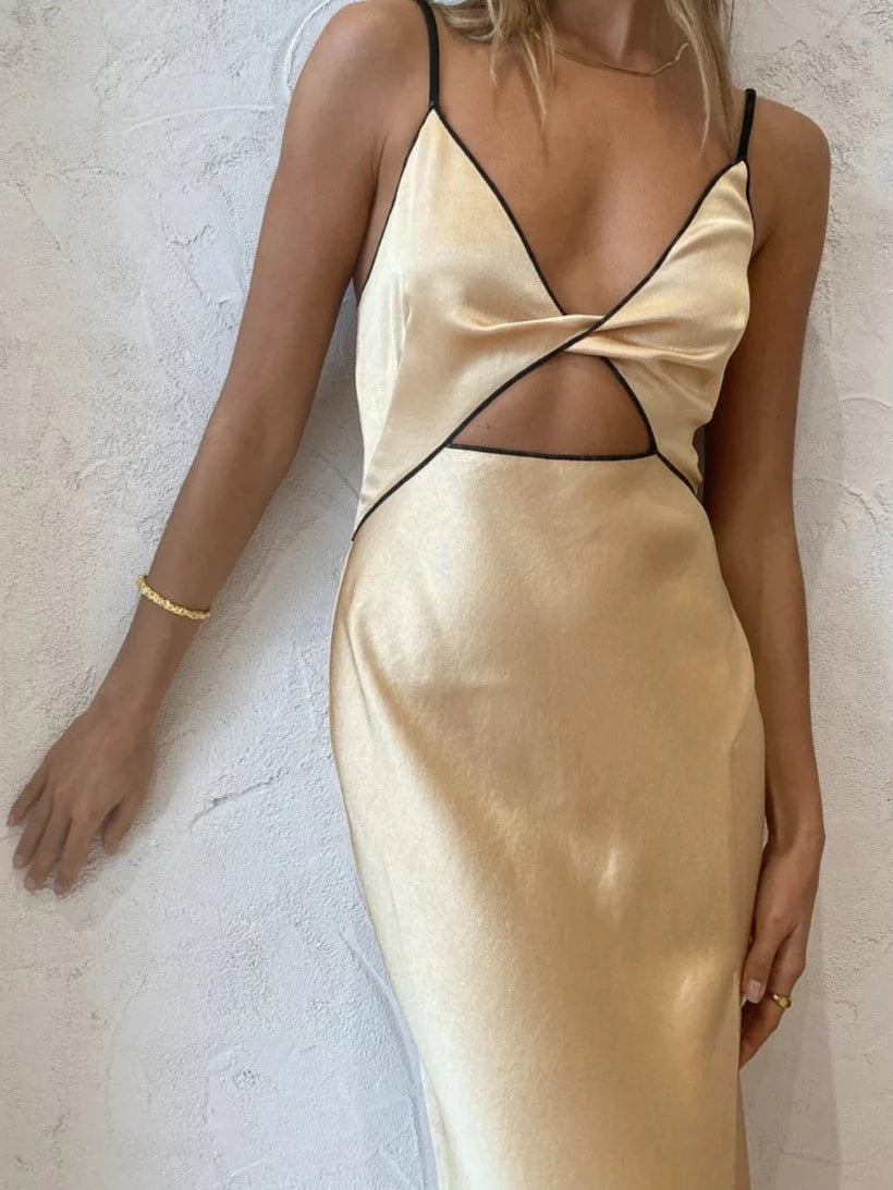 V Neck Dress Hollow Out Cutout High Slit Maxi Dress