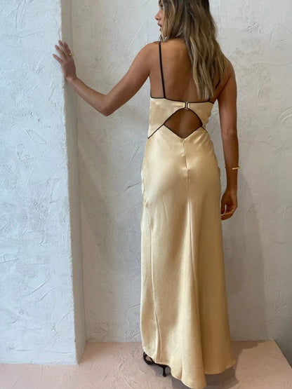V Neck Dress Hollow Out Cutout High Slit Maxi Dress