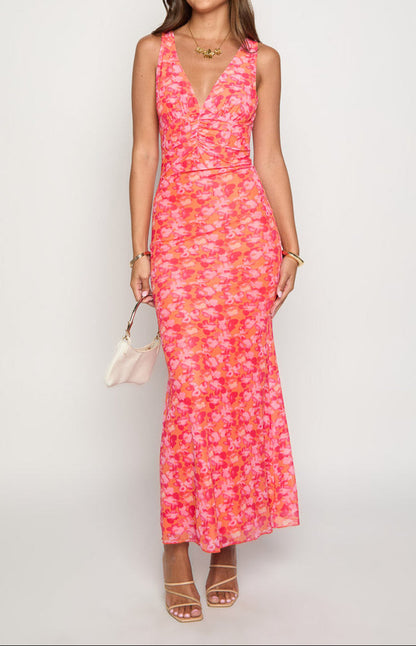 Orsa Orange Floral Print Maxi Dress