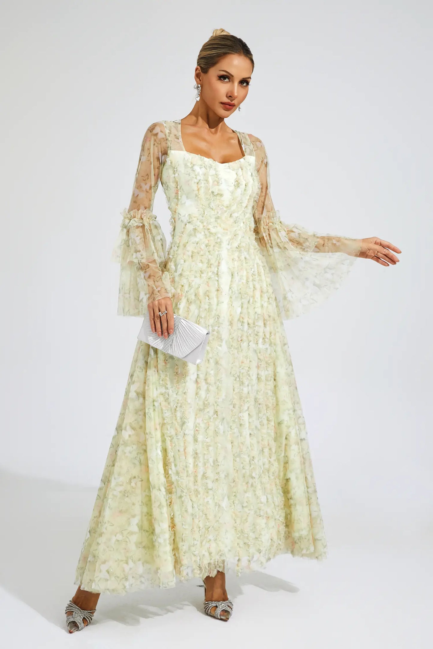 Becky Yellow Mesh Floral Maxi Dress