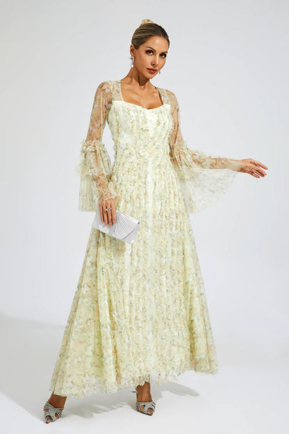 Becky Yellow Mesh Floral Maxi Dress