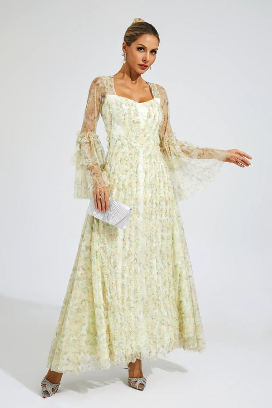 Becky Yellow Mesh Floral Maxi Dress