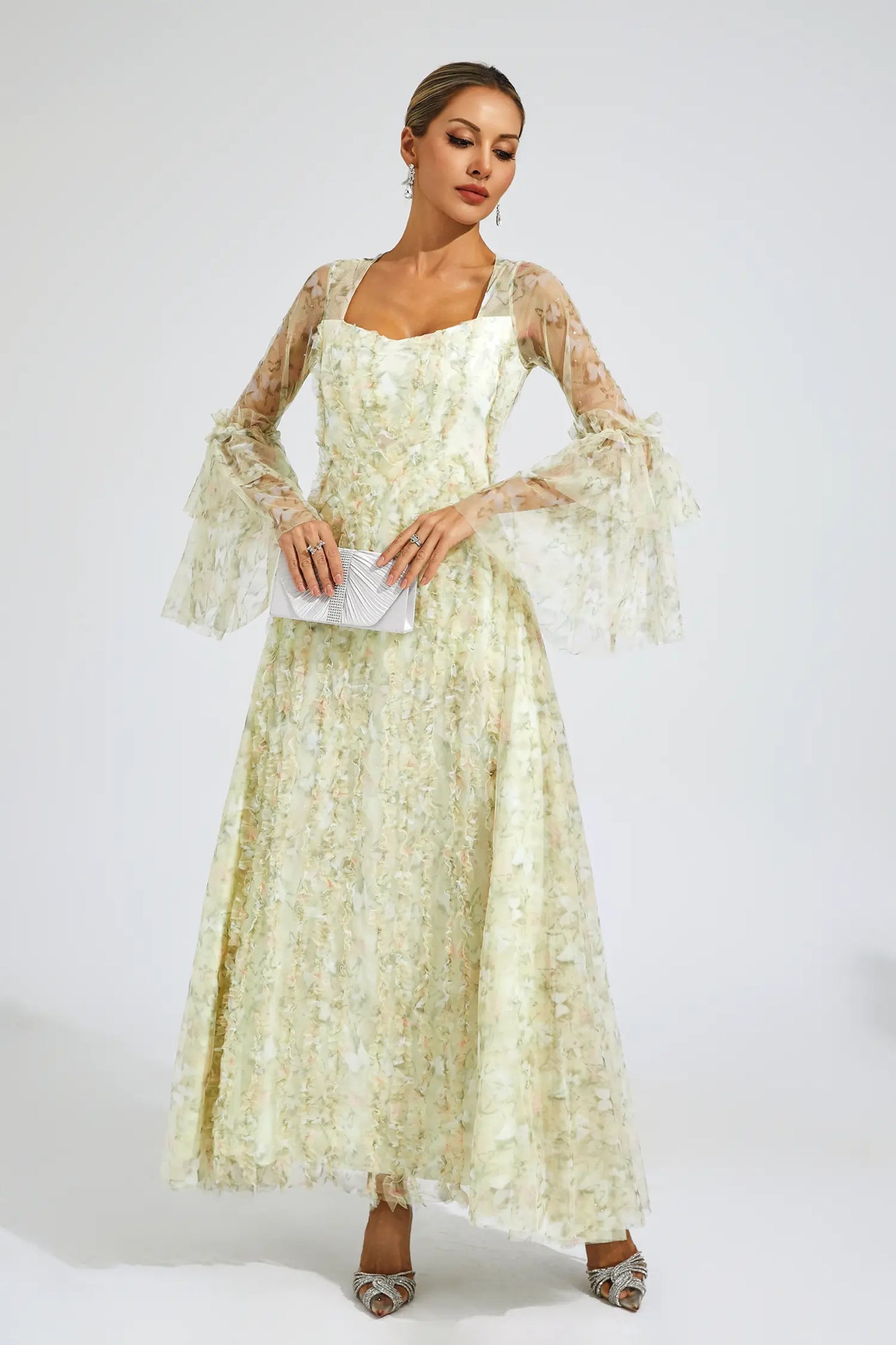 Becky Yellow Mesh Floral Maxi Dress